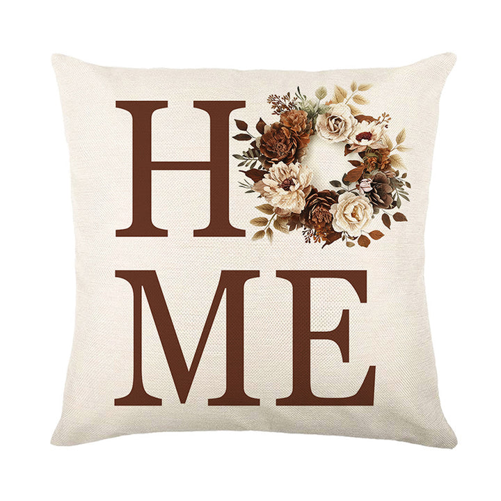 Square Cotton-Linen Throw Pillow Cover with Oversized LOVE Typography & Floral Wreath Print