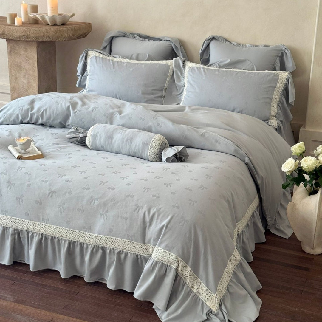 Linen-Blend Jacquard Floral Duvet Cover Set with Ruffled Hem and Decorative Bolster