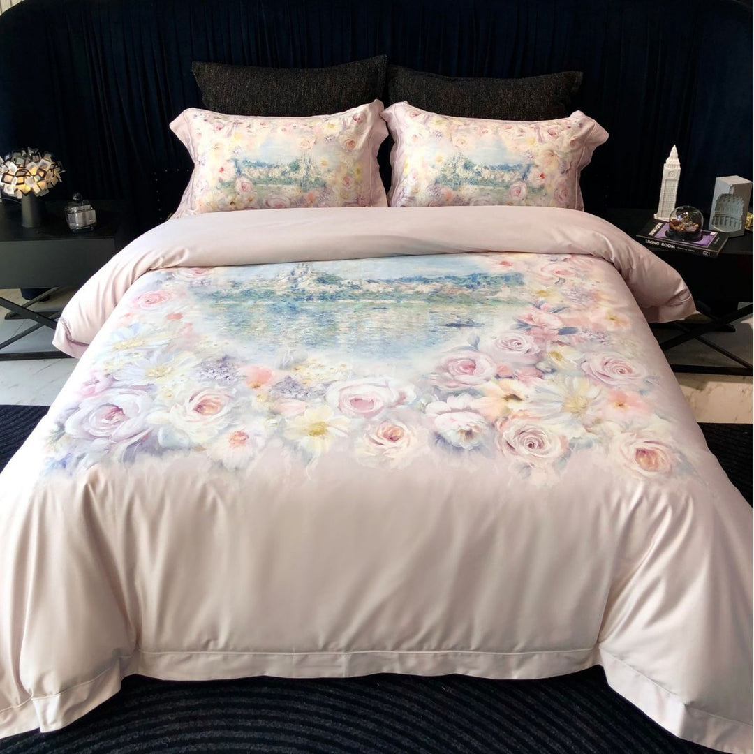 Floral Watercolor Satin-Feel Duvet Cover Set with Reversible Solid Back and Pillow Shams