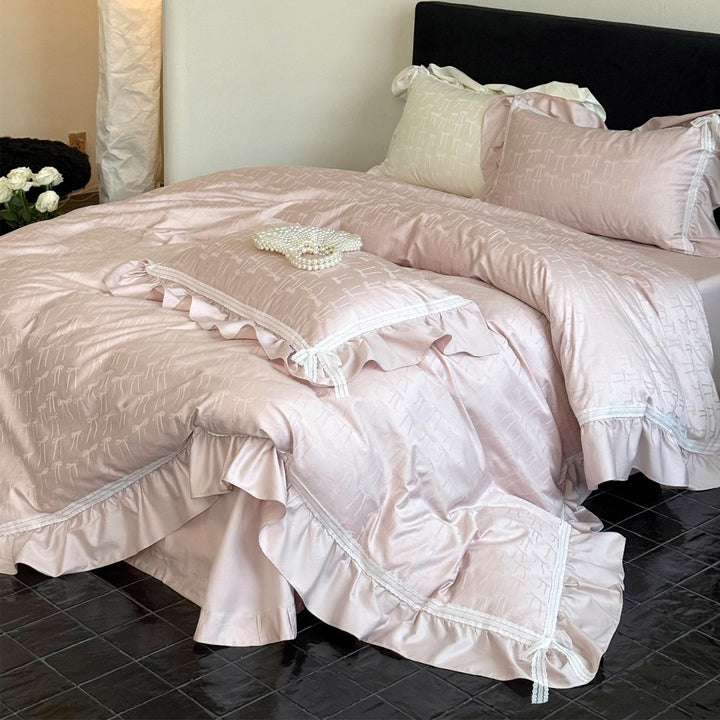 Ruffled Jacquard Bow-Pattern Sateen Duvet Cover Set with Lace Trim and Pillow Shams