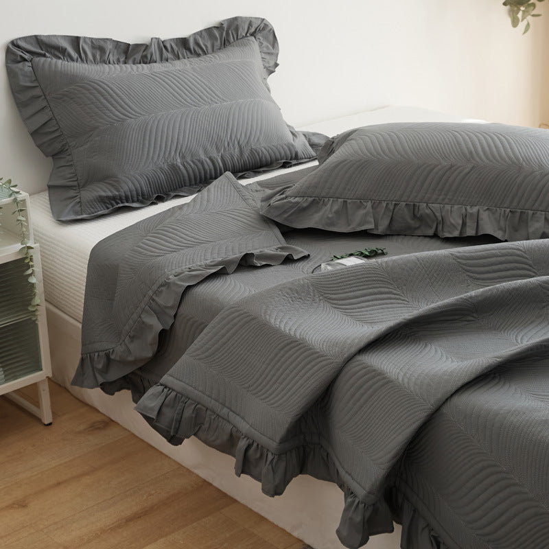 Quilted Wave-Texture Ruffled Bedspread Set with Pillow Shams