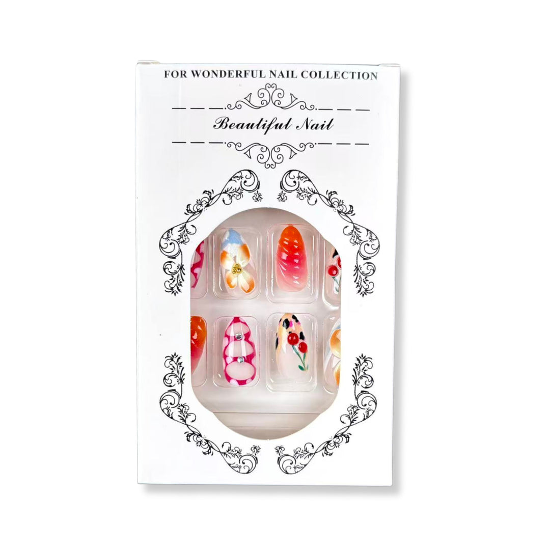 Artistic Press-On Nail Set with Floral and Gem Accents 1790746017