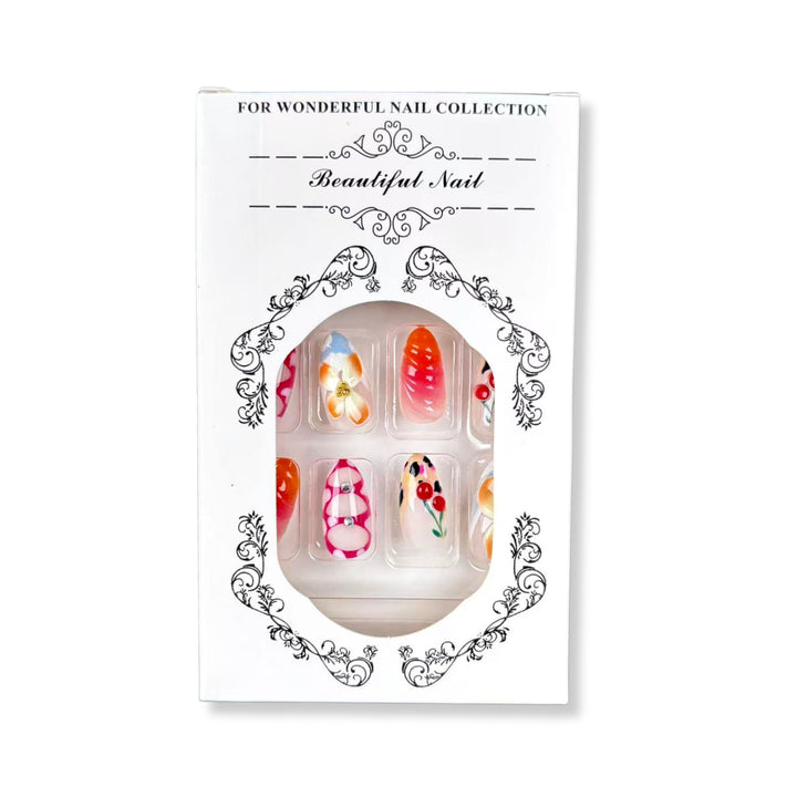 Artistic Press-On Nail Set with Floral and Gem Accents 1790746017