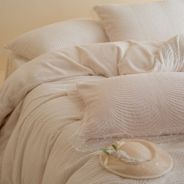 Quilted Wave-Texture Comforter Set with Sheer Dotted Ruffle Pillow Shams