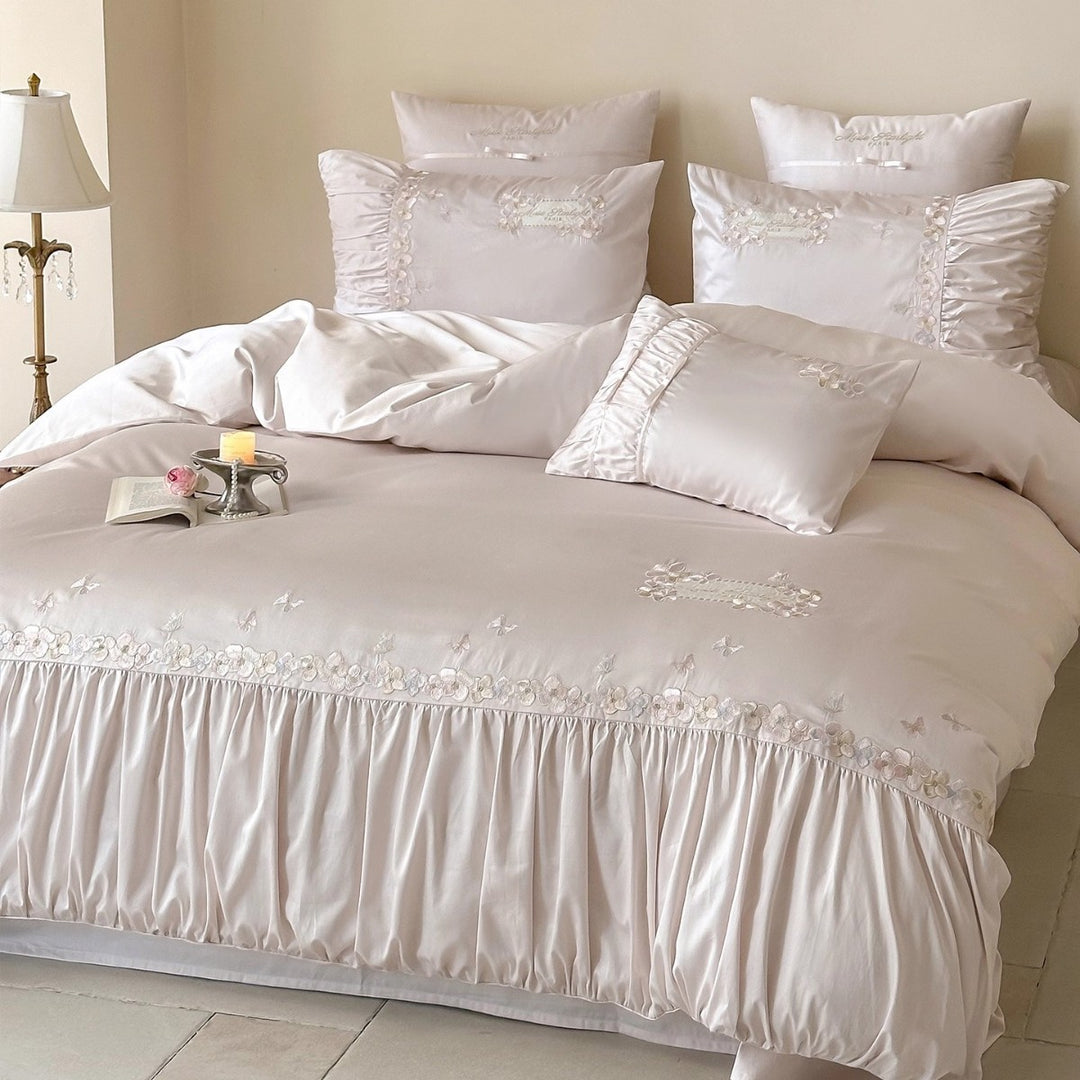 Embroidered Satin-Feel Ruffled Duvet Cover Set with Decorative Pillow Shams
