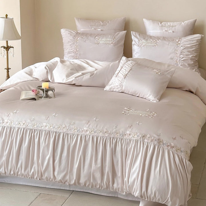 Embroidered Satin-Feel Ruffled Duvet Cover Set with Decorative Pillow Shams