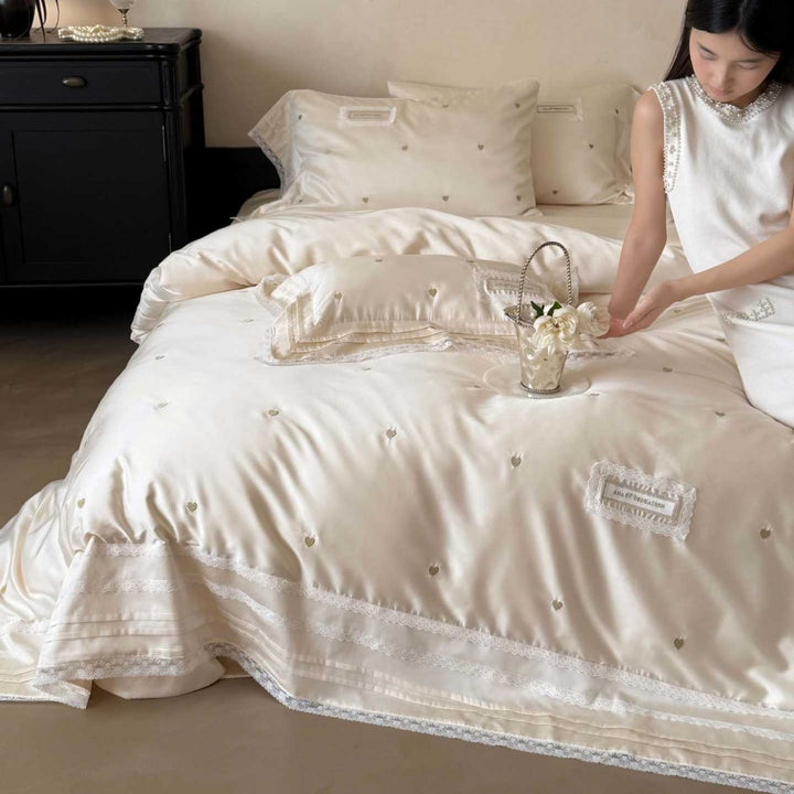 Luxury Embroidered Satin Duvet Cover Set with Lace Trim