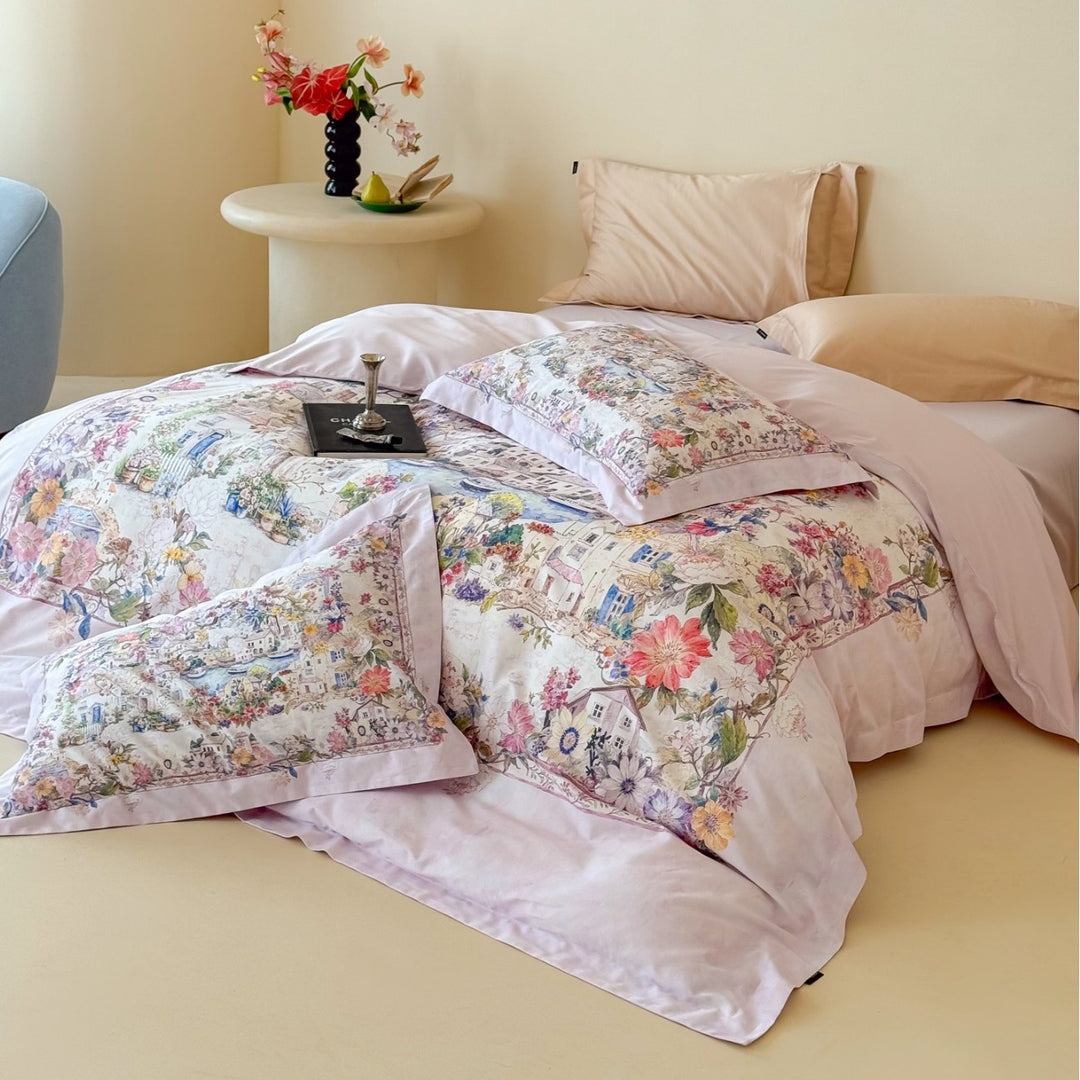Reversible Cotton Sateen Duvet Cover Set with Romantic Watercolor Village Floral Print and Oxford Pillow Shams