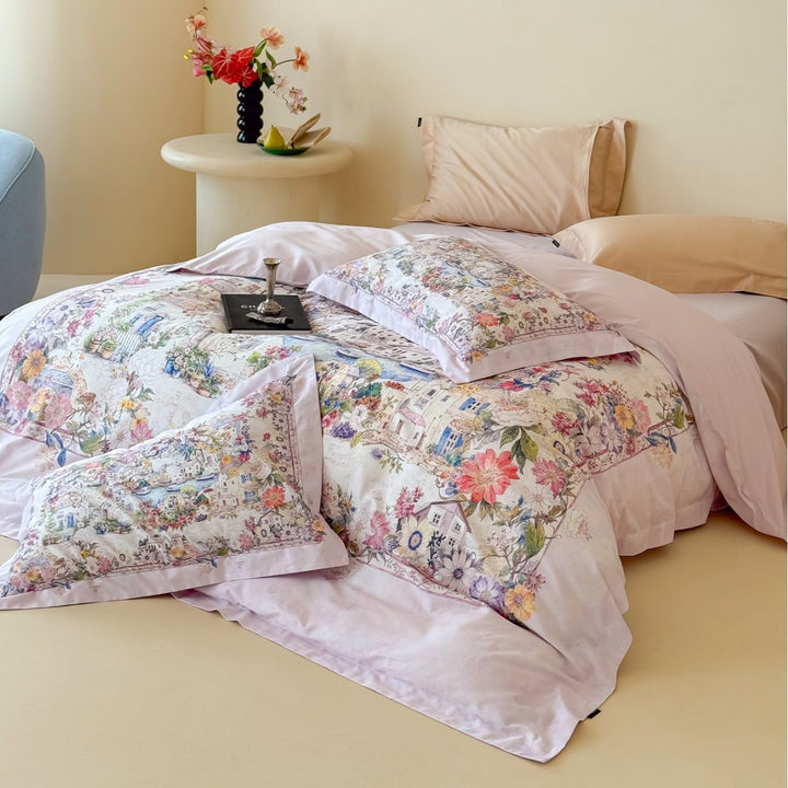 Reversible Cotton Sateen Duvet Cover Set with Romantic Watercolor Village Floral Print and Oxford Pillow Shams