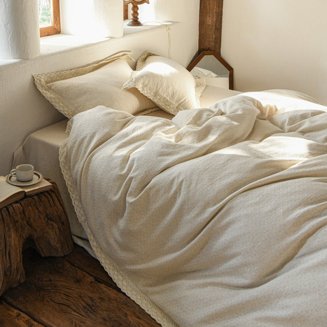Breathable Linen-Cotton Washed Duvet Cover Set with Crocheted Lace Edge & Envelope Closure