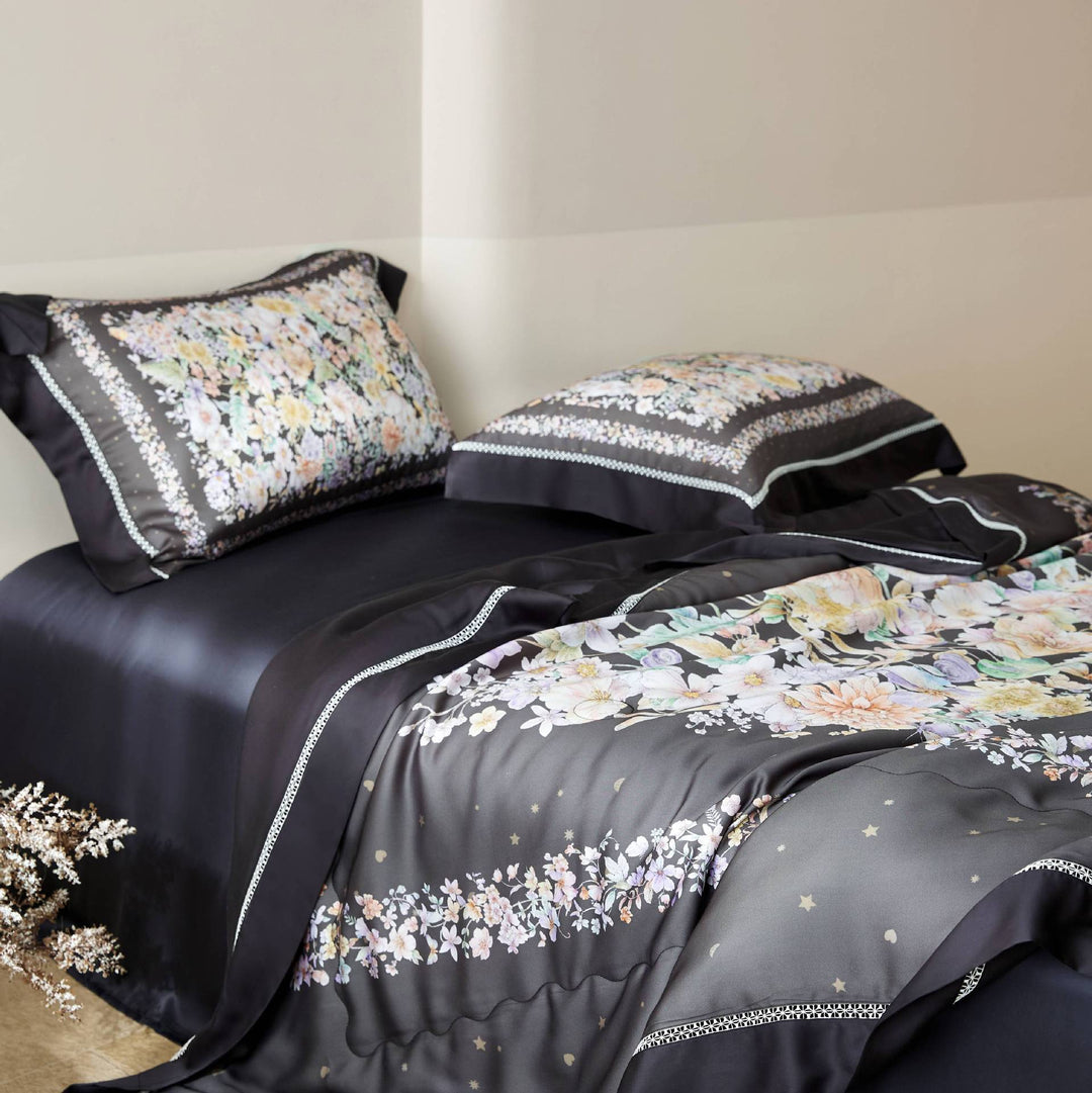 Elegant satin bedding set with floral watercolor print and ruffled bed skirt