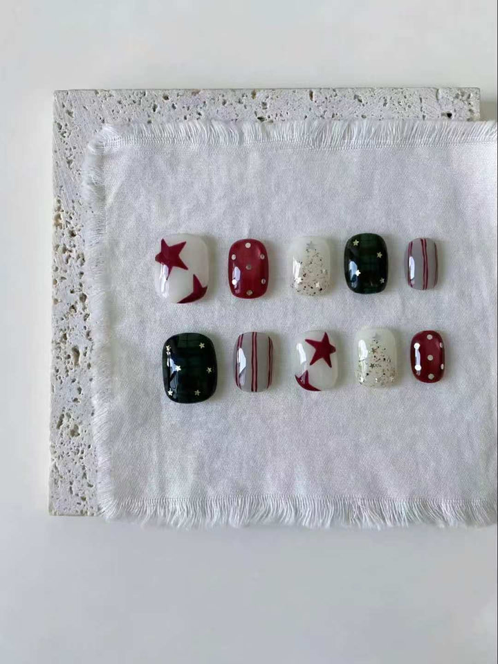Artistic Press-On Nail Art Set with Star and Grid Designs