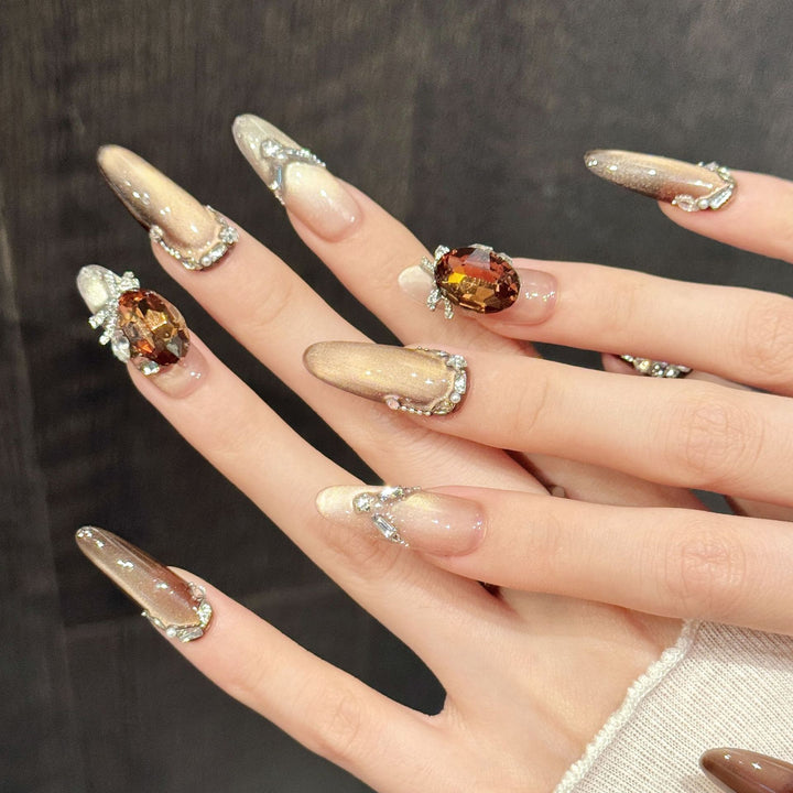 Luxurious Glamourous Press-On Nail Art Set with Jewel Accents