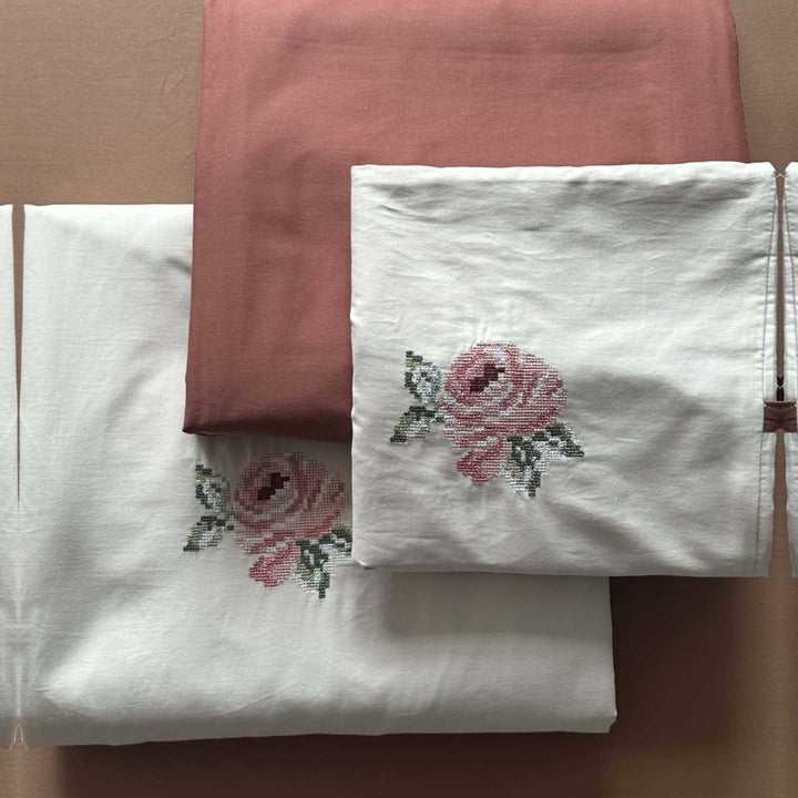 Embroidered Floral Cotton Sateen Duvet Cover Set with Decorative Pillow Shams
