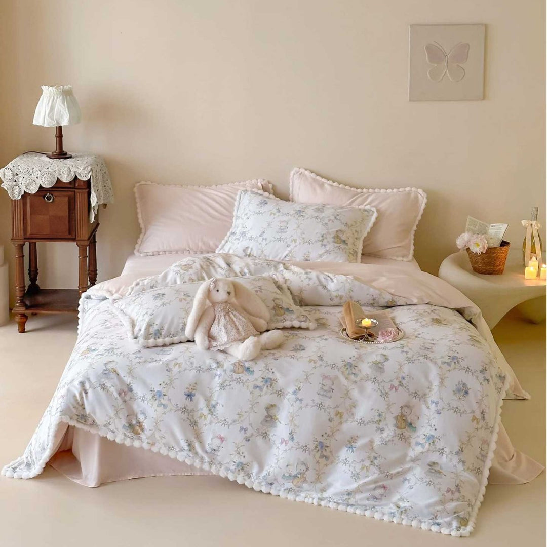 Romantic Floral Cotton Duvet Cover Set with Pom-Pom Trim and Matching Pillow Shams