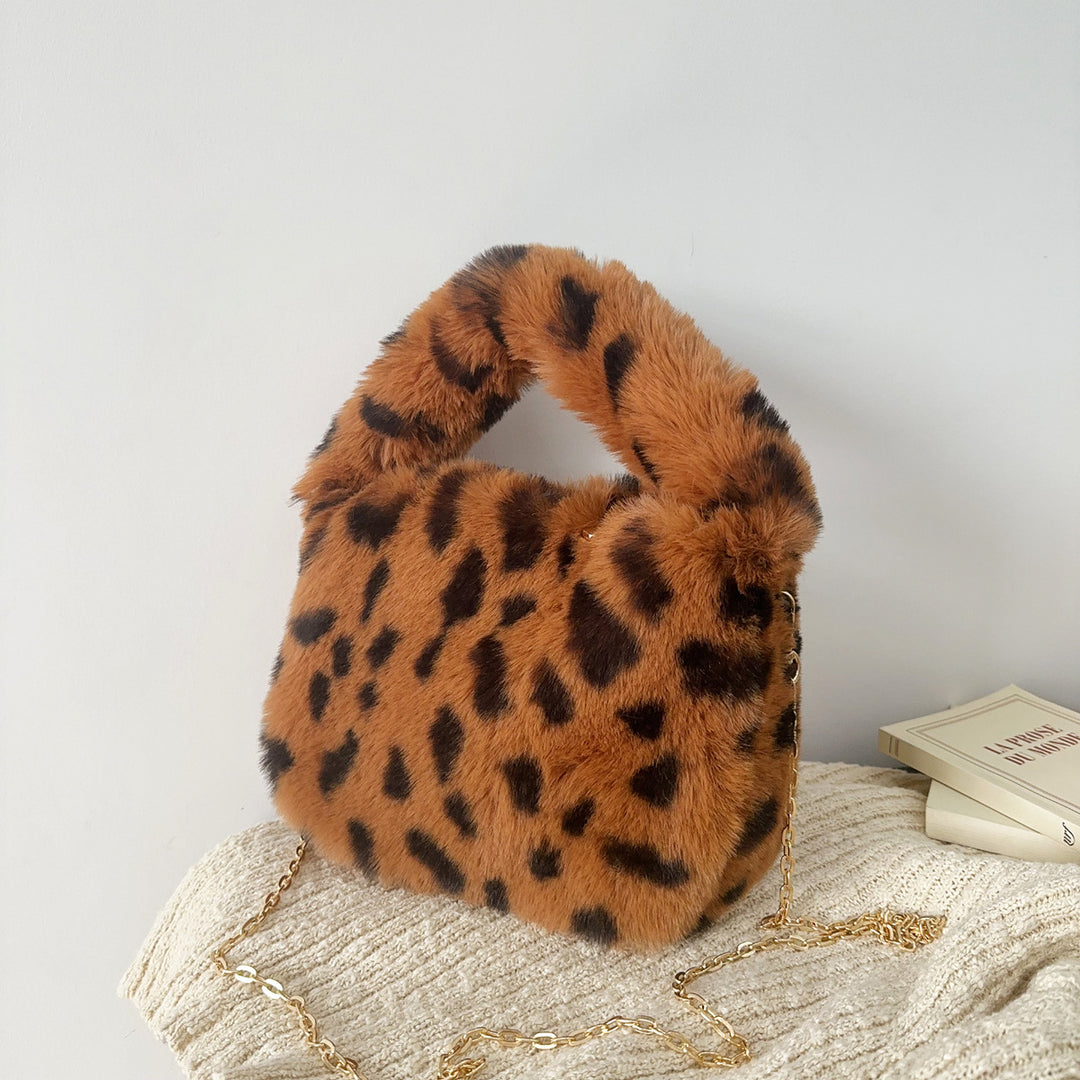 Leopard Print Faux Fur Handheld Bag