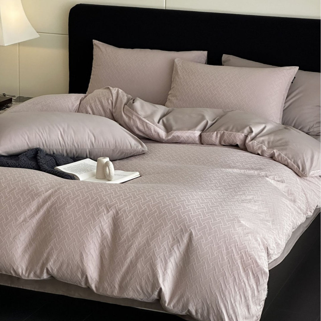 Textured Jacquard Cotton Sateen Duvet Cover Set with Reversible Weave