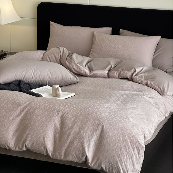 Textured Jacquard Cotton Sateen Duvet Cover Set with Reversible Weave
