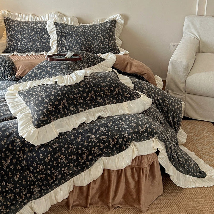 Floral Brushed Cotton Duvet Cover Set with Ruffled Satin Trim