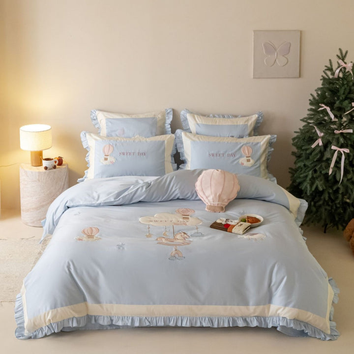 Ruffled Embroidered Hot Air Balloon Cotton Sateen Duvet Cover Set