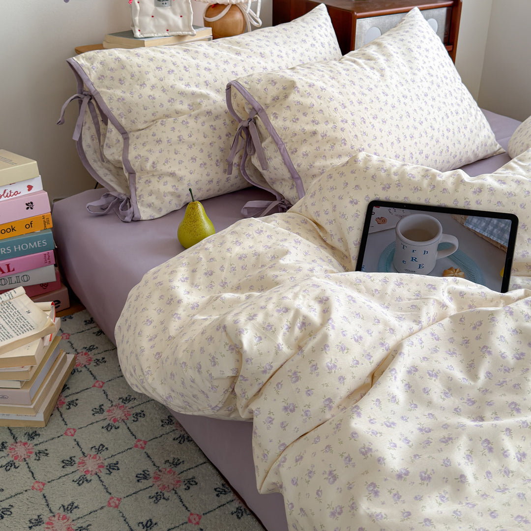 Floral Tie-Closure Cotton-Blend Duvet Cover Set with Ruffled Edge Pillow Shams