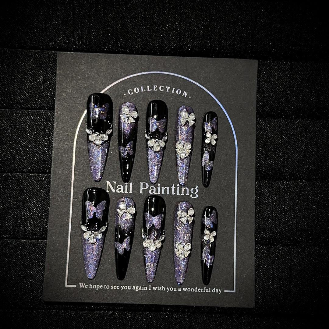 Elegant Stiletto Press-On Nail Art Set with Gemstone Accents