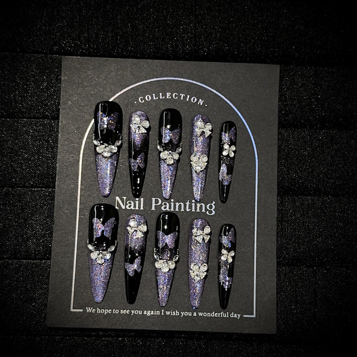 Elegant Stiletto Press-On Nail Art Set with Gemstone Accents