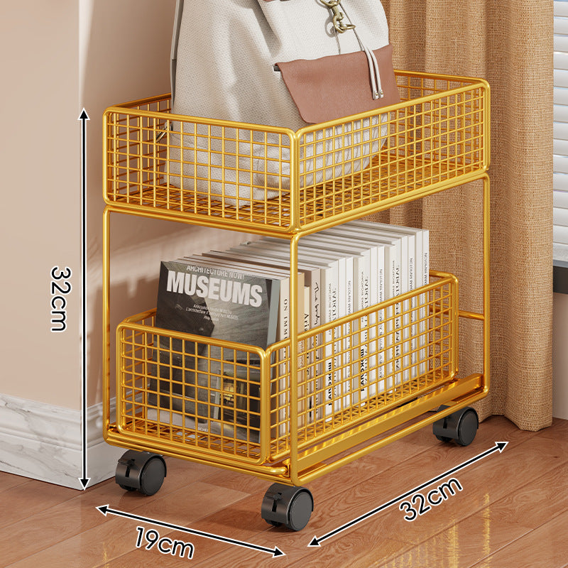 Compact Two-Tier Rolling Metal Mesh Storage Trolley with Locking Swivel Casters