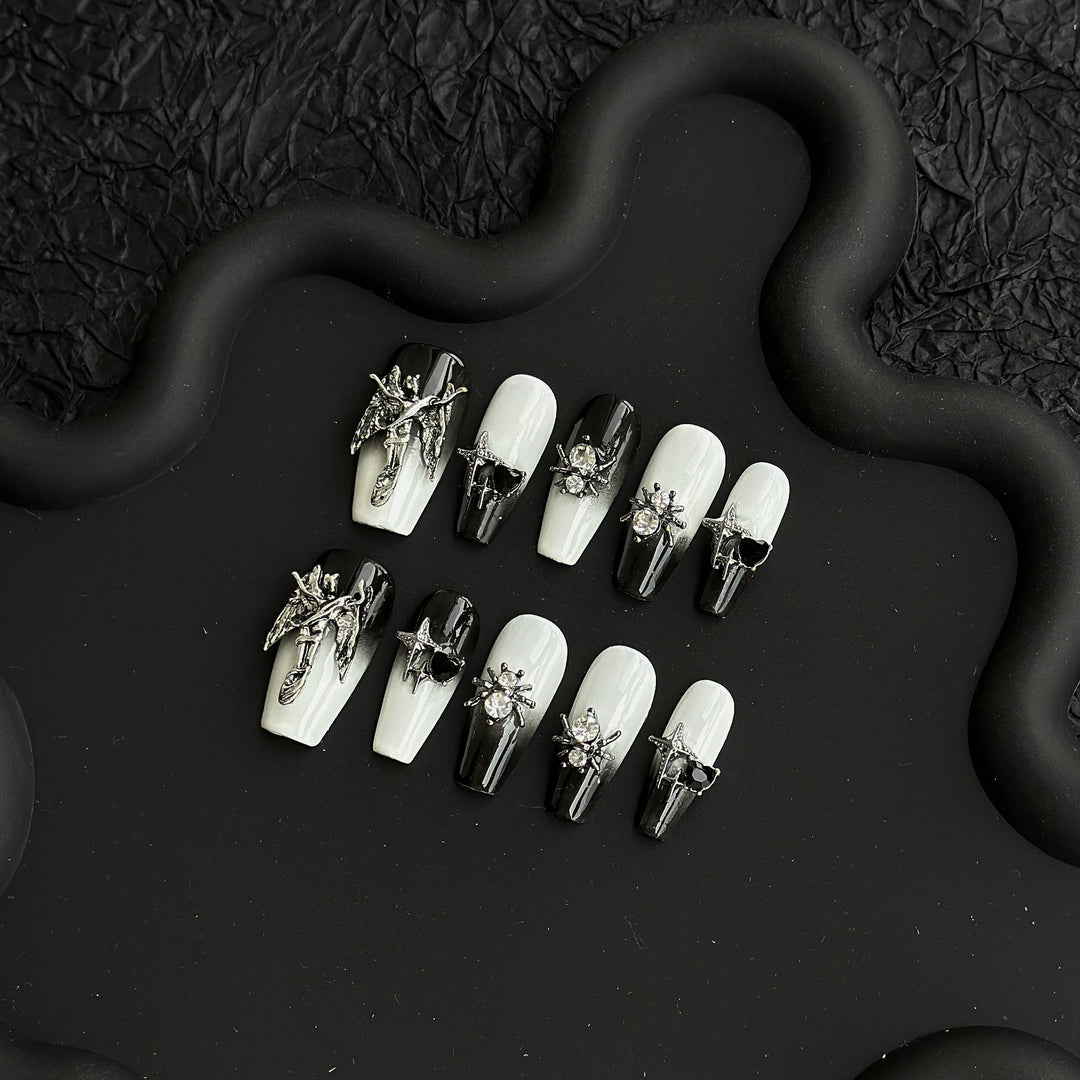 Artistic Press-On Nail Art Set with Gothic Charm