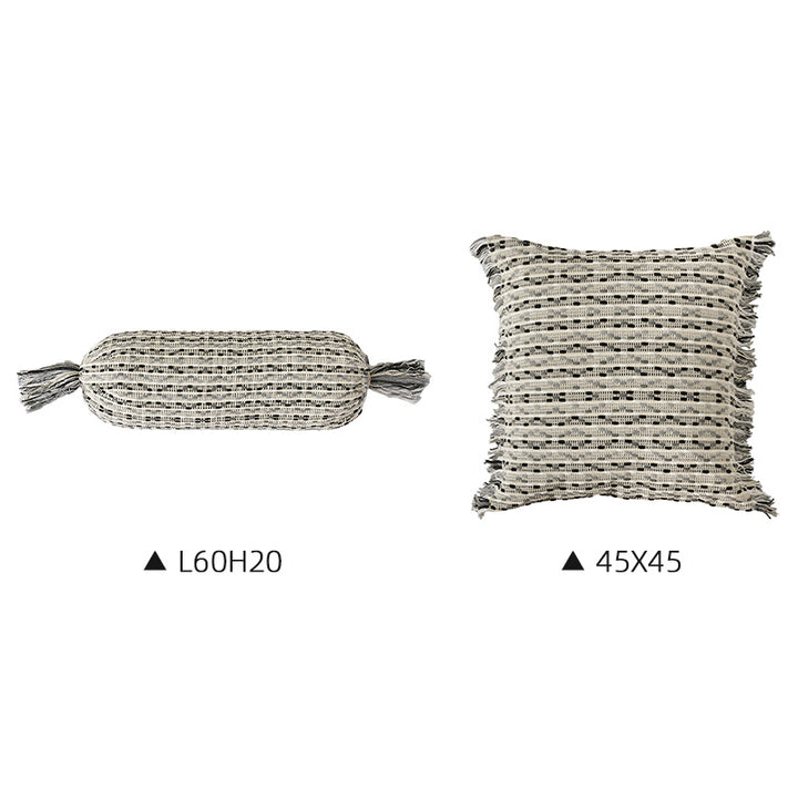 Boho-woven decorative pillow set with cylinder roll and square fringe cover