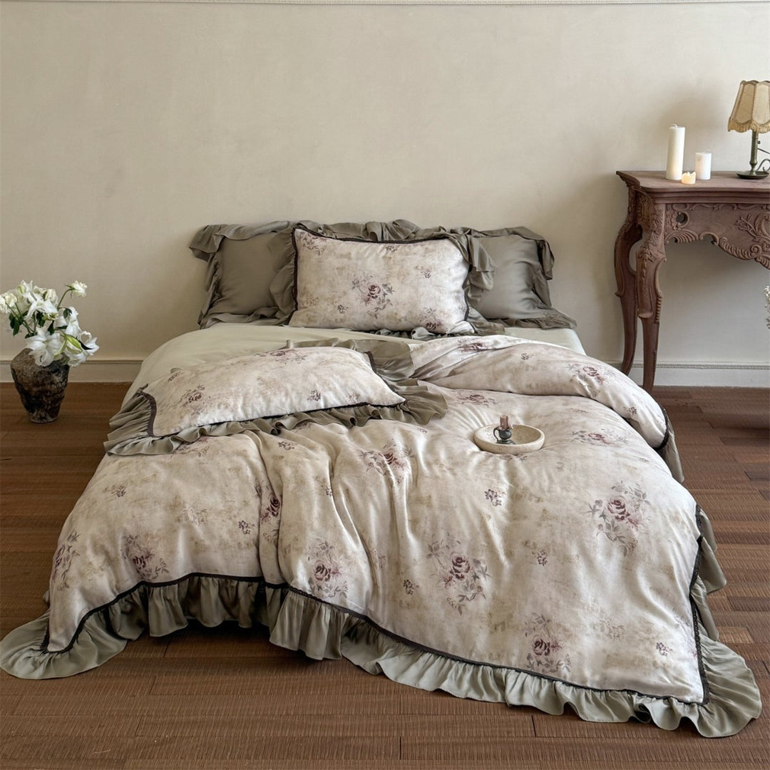 Vintage-Texture Floral Cotton Duvet Cover Ensemble with Ruffled Satin Border