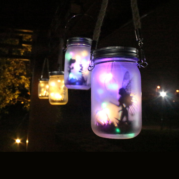 Hanging Frosted Mason Jar Solar LED Fairy Silhouette Lantern With Rope Handle And Dynamic LED String Stornfield