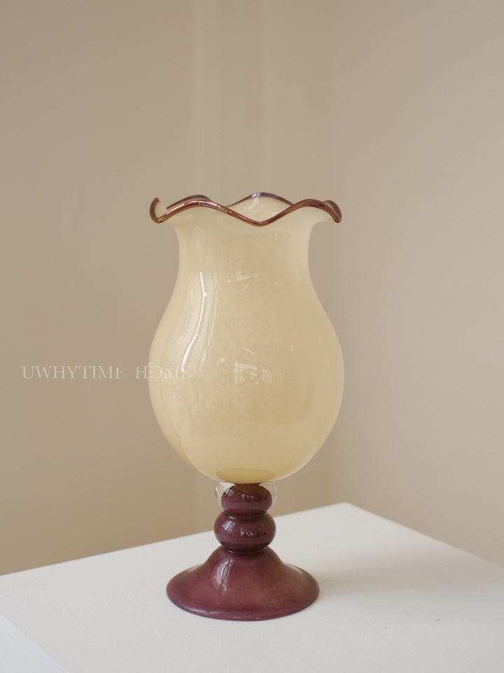 Decorative Ruffled Glass Table Vase with Turned Pedestal Stornfield