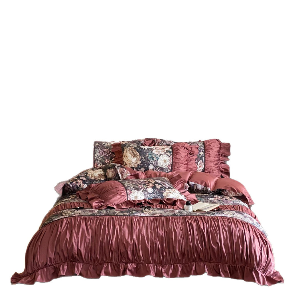 Romantic cotton satin bedding set with ruffles, quilted bedspread and decorative pillow