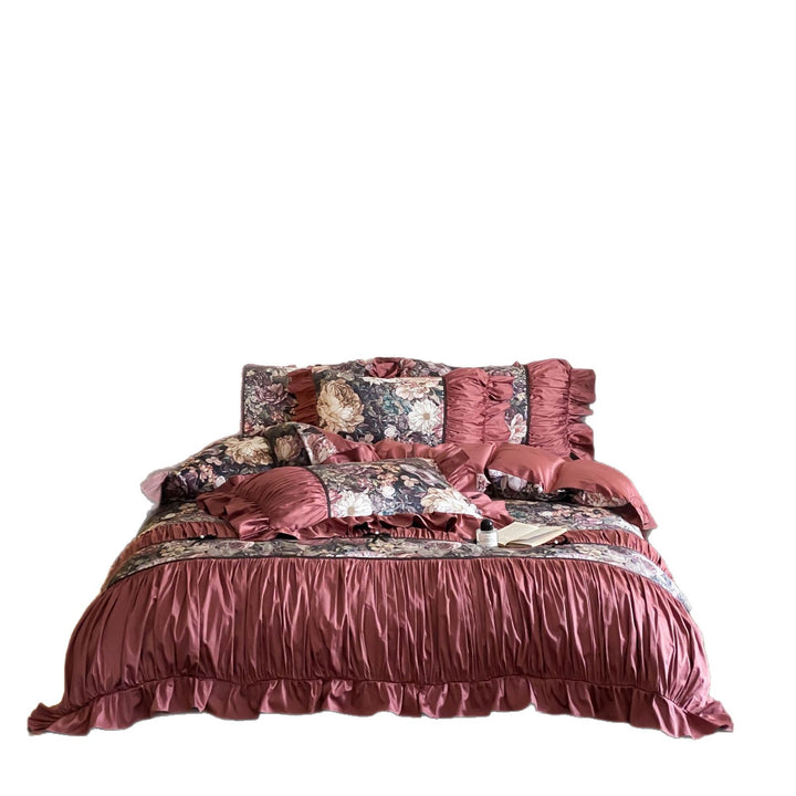 Romantic cotton satin bedding set with ruffles, quilted bedspread and decorative pillow