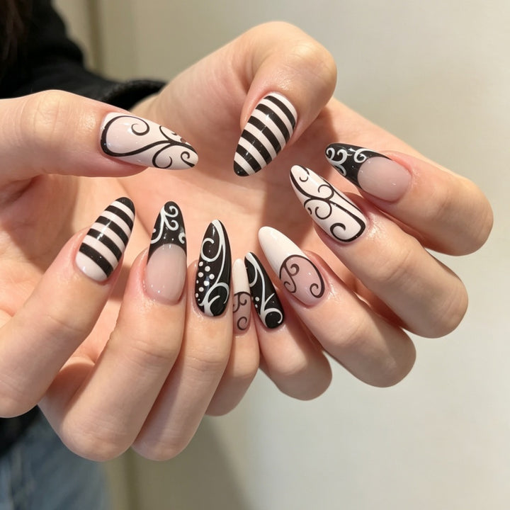Artificial nails with modern black and white design Stornfield