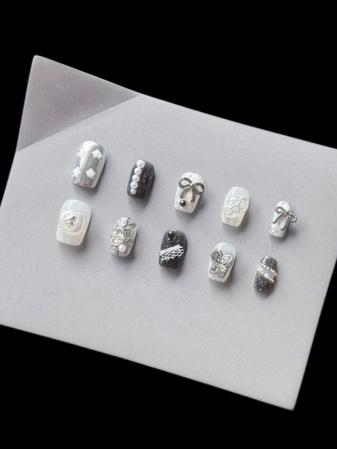 Decorative Press-On Nail Art Set with Rhinestone and Bow Accents