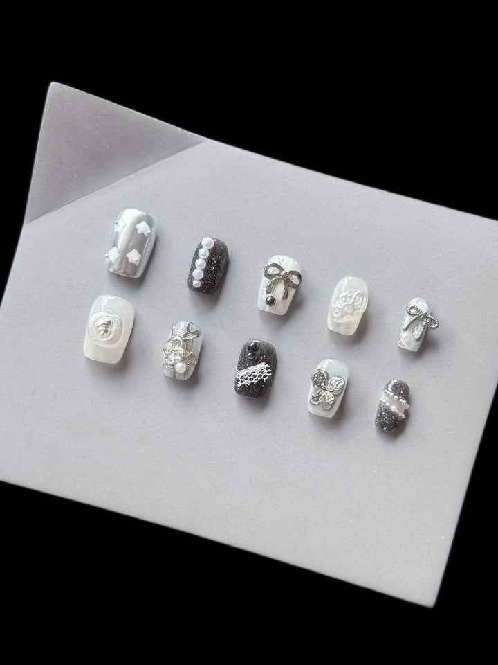 Decorative Press-On Nail Art Set with Rhinestone and Bow Accents