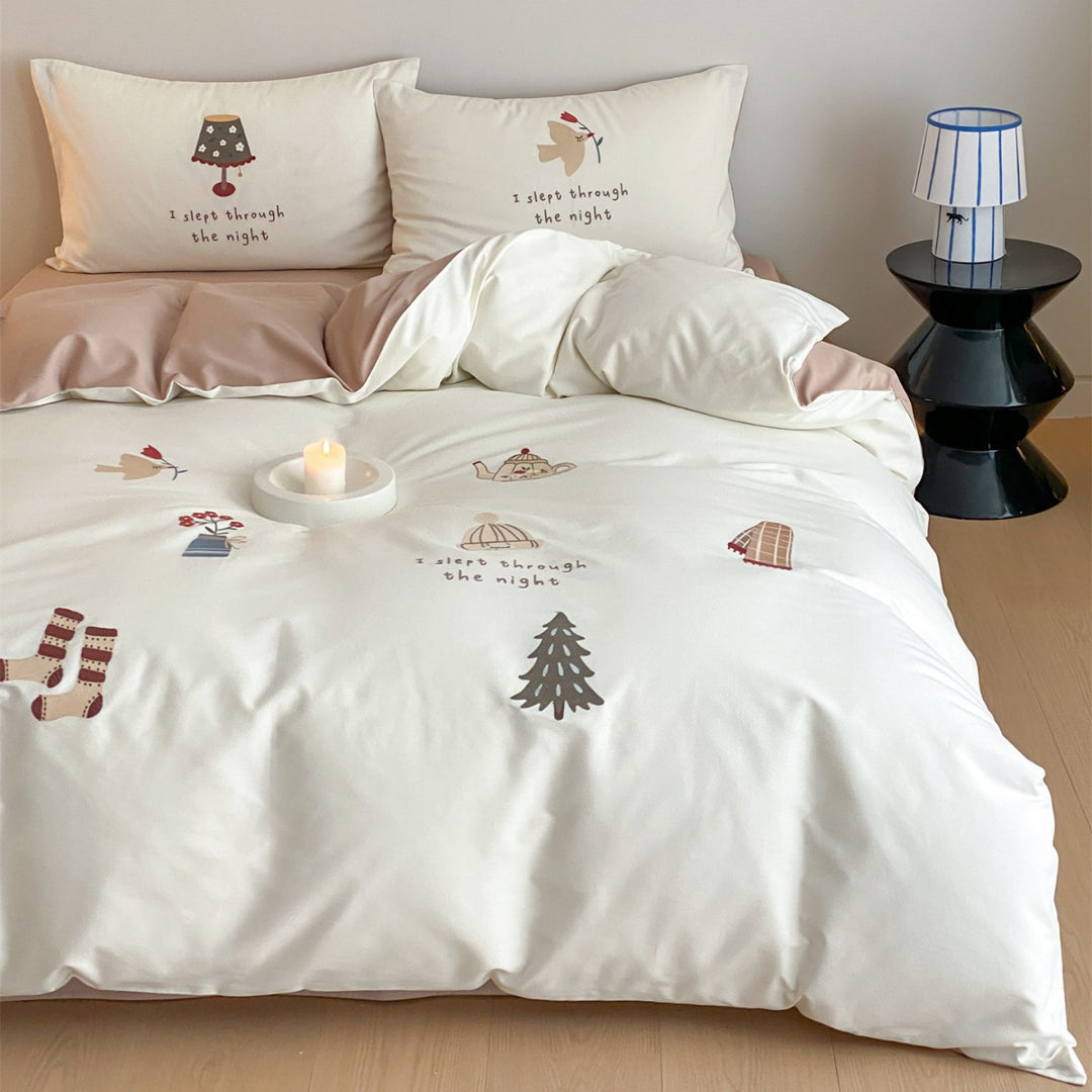 Printed Cotton Sateen Duvet Cover Set with Playful Sleep Motifs