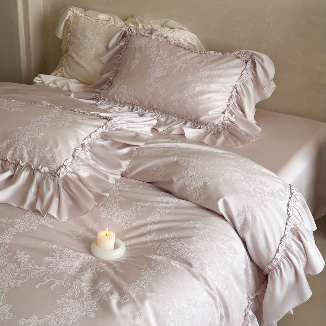 Ruffled Jacquard Floral Duvet Cover and Pillowcase Set