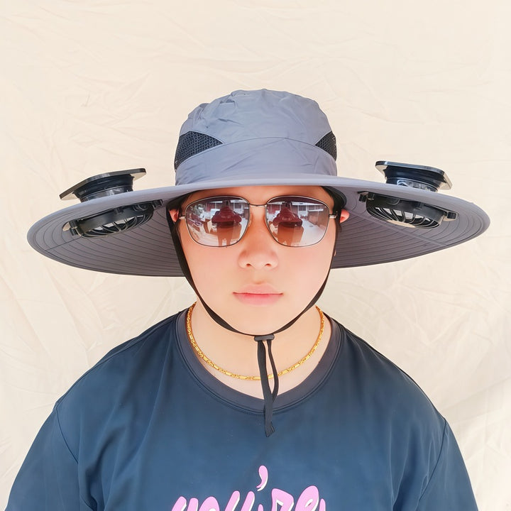 Wide-brimmed sun hat with detachable swivel solar fans and adjustable chin strap Stornfield