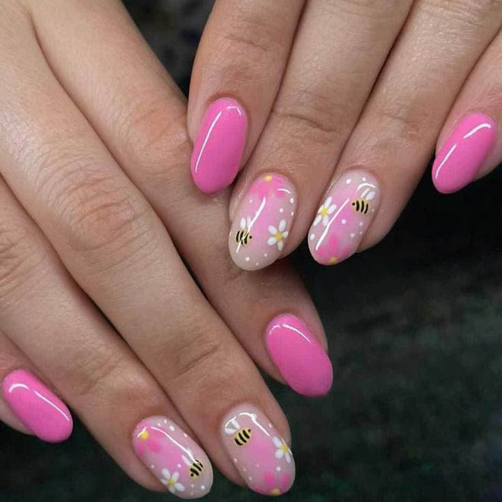 Artistic Bee Floral Nail Design