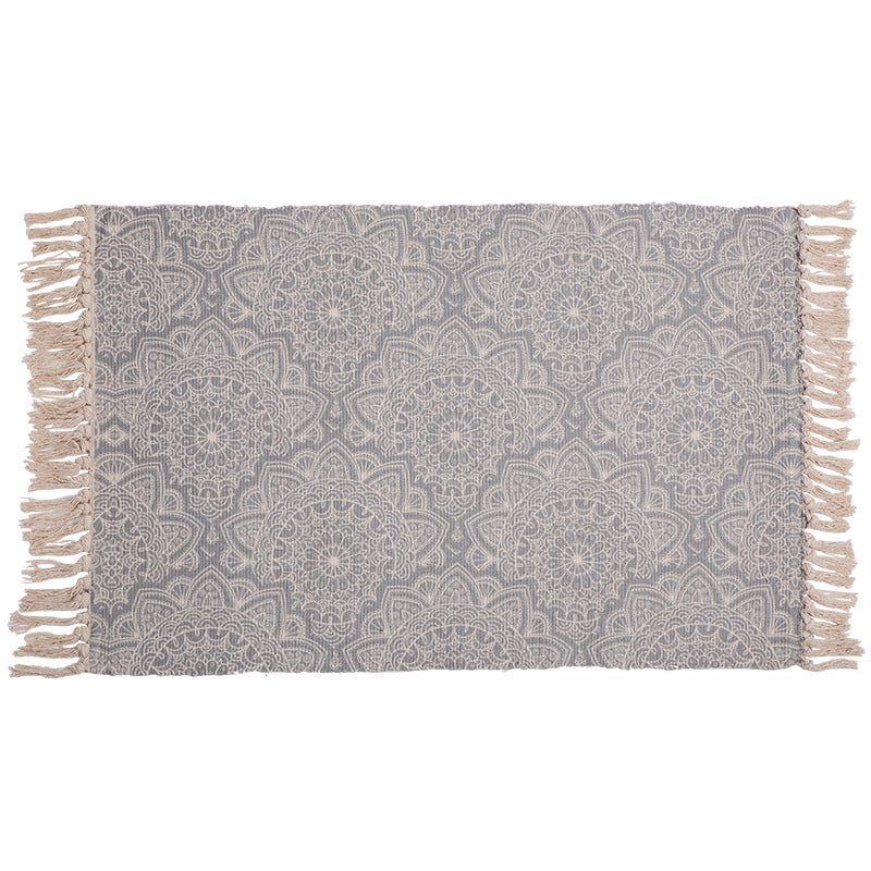 Handwoven cotton table runner with mandala jacquard and decorative fringes