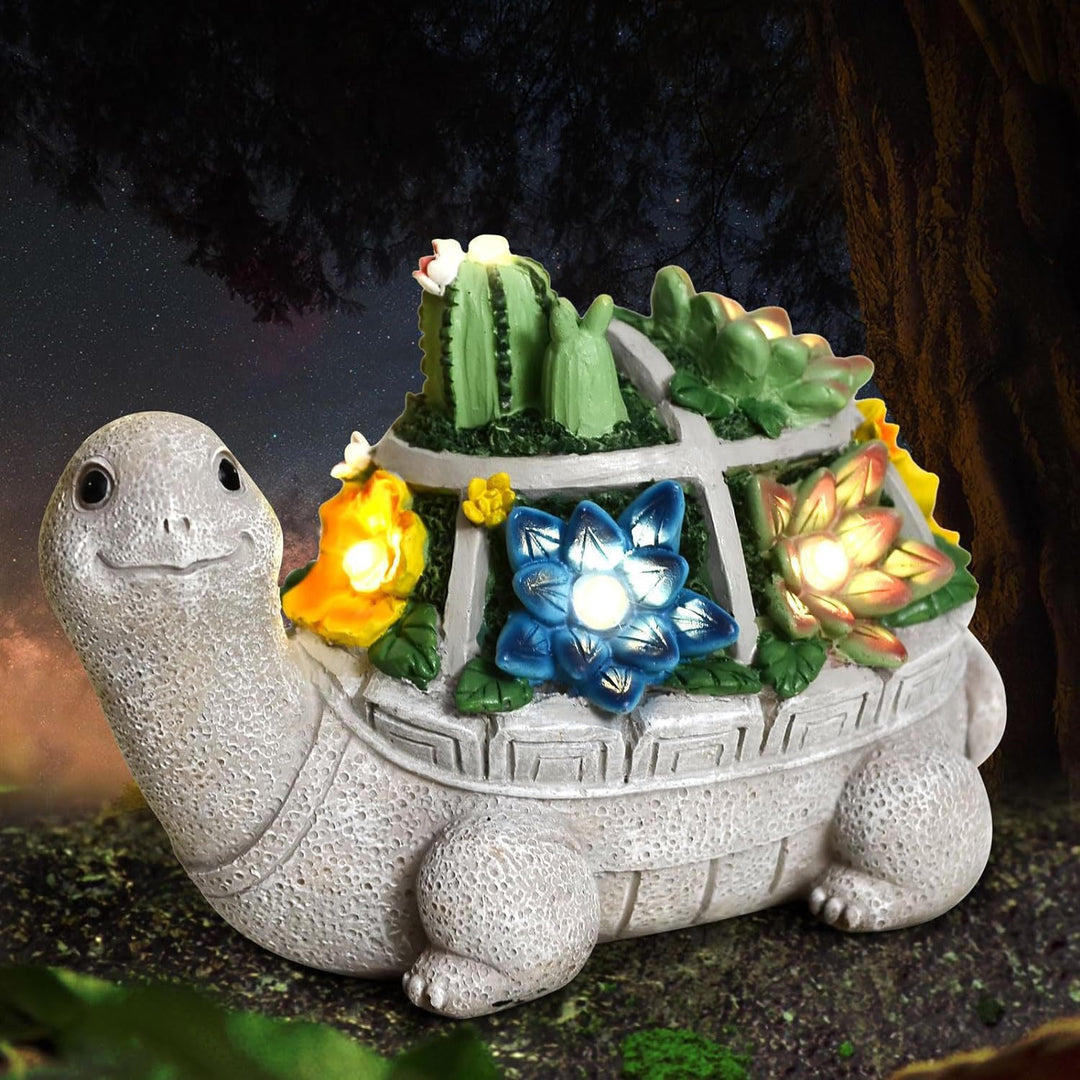 Solar Turtle Succulent Planter With LED Lights Textured Resin Garden Statue Stornfield
