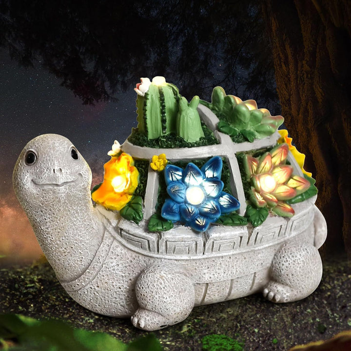 Solar Turtle Succulent Planter With LED Lights Textured Resin Garden Statue Stornfield