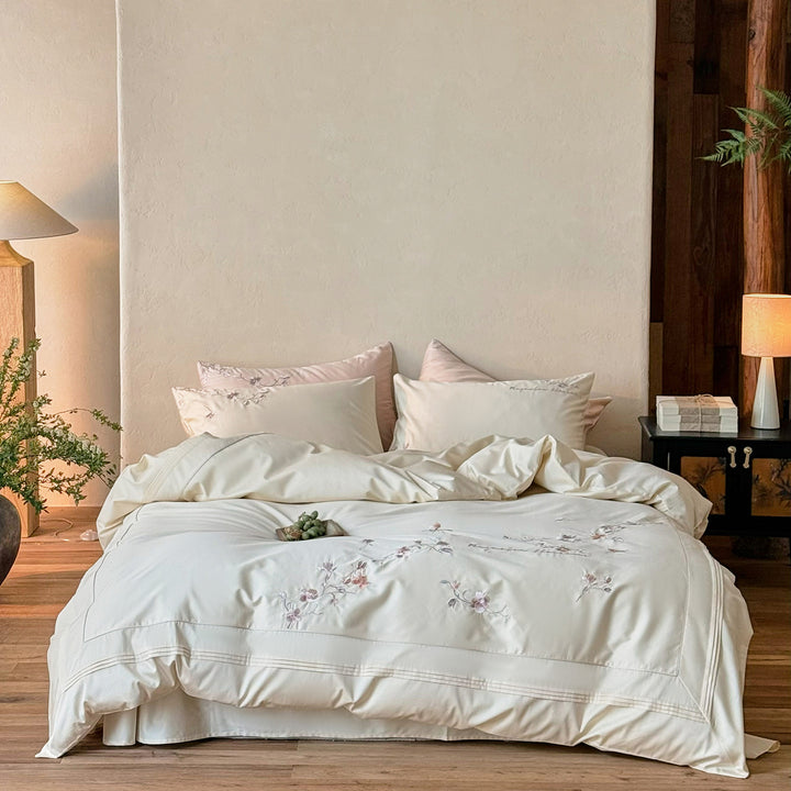 Embroidered Botanical Cotton Sateen Duvet Cover Set