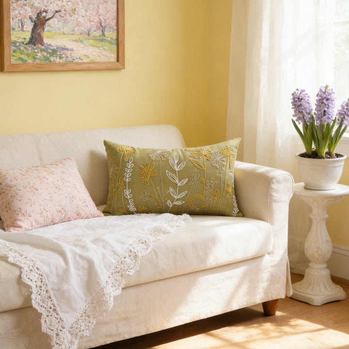 Embroidered Botanical Velvet Lumbar Accent Pillow Cover with Plush Insert