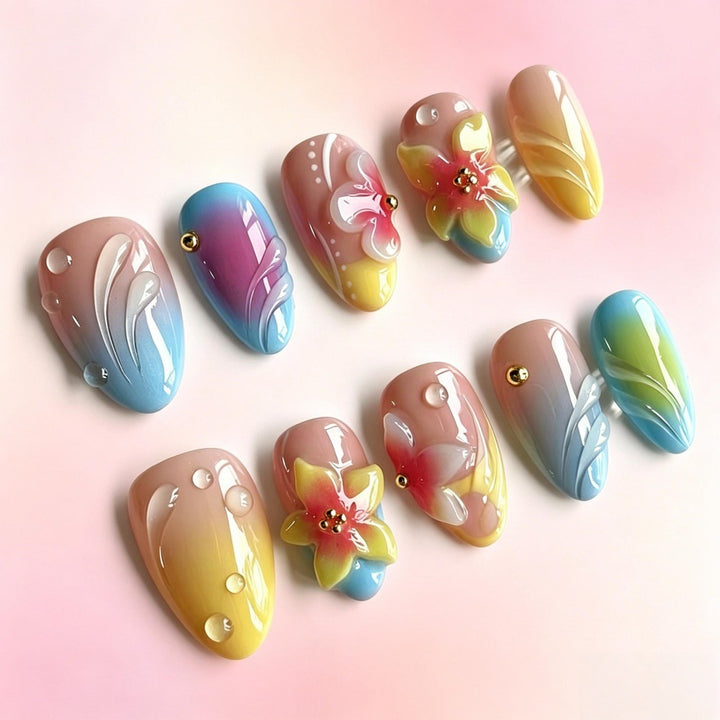 Acrylic nail set with floral elements and colorful accents Stornfield