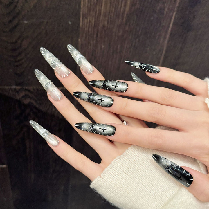 Artistic Press-On Nail Set with Detailed Floral Patterns