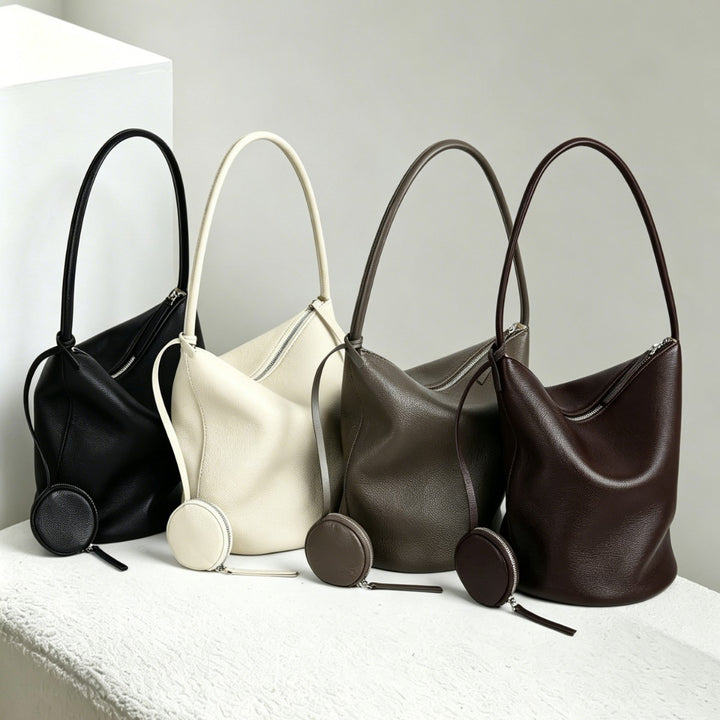 Slouchy Pebbled Bucket Hobo Bag with Curved Top Zip and Hanging Coin Pouch